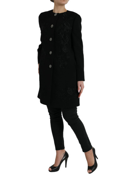 Dolce & Gabbana Black Floral Wool Button Embellished Jacket Dolce & Gabbana Black Floral Wool Button Embellished Jacket