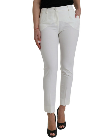 Dolce & Gabbana White Wool Mid Waist Tapered Pants Dolce & Gabbana White Wool Mid Waist Tapered Pants