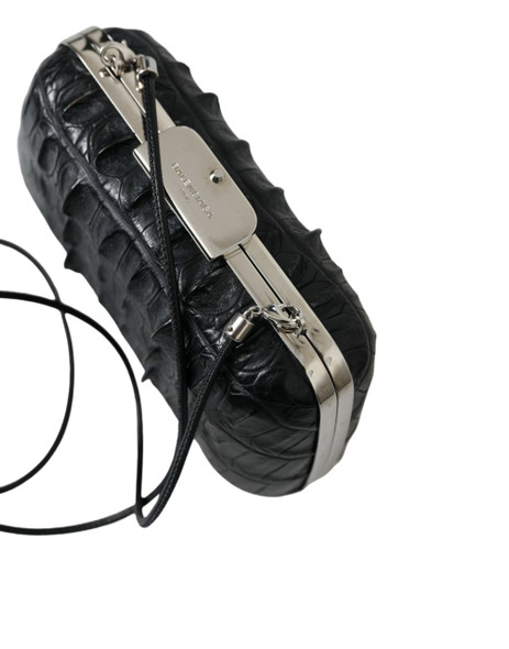 Black Exotic Skin Leather Shoulder Crossbody Box Clutch Bag Black Exotic Skin Leather Shoulder Crossbody Box Clutch Bag