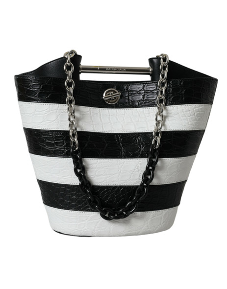 Black White Striped Exotic Skin Leather Maxi Bucket Tote Bag Black White Striped Exotic Skin Leather Maxi Bucket Tote Bag