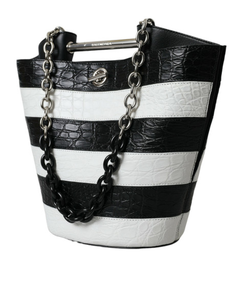 Black White Striped Exotic Skin Leather Maxi Bucket Tote Bag Black White Striped Exotic Skin Leather Maxi Bucket Tote Bag