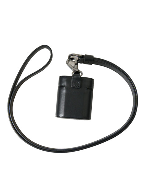 Black Leather Strap Silver Metal Logo Printed Airpods Case Black Leather Strap Silver Metal Logo Printed Airpods Case
