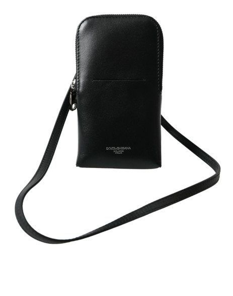 Black Leather Zip Around Logo Print Lanyard Strap Wallet Black Leather Zip Around Logo Print Lanyard Strap Wallet