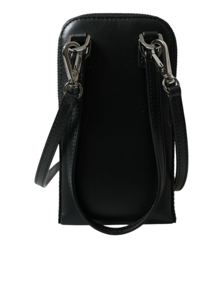 Black Leather Zip Around Logo Print Lanyard Strap Wallet Black Leather Zip Around Logo Print Lanyard Strap Wallet