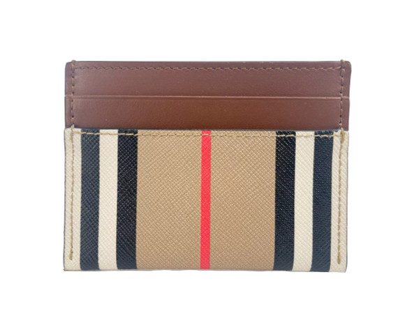 Sandon Tan Canvas Check Printed Leather Slim Card Case Wallet Sandon Tan Canvas Check Printed Leather Slim Card Case Wallet