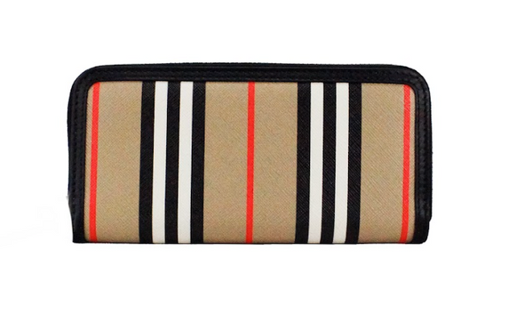 Burberry Ellerby Black Leather Icon Stripe Canvas Zip Around Continental Wallet Burberry Ellerby Black Leather Icon Stripe Canvas Zip Around Continental Wallet