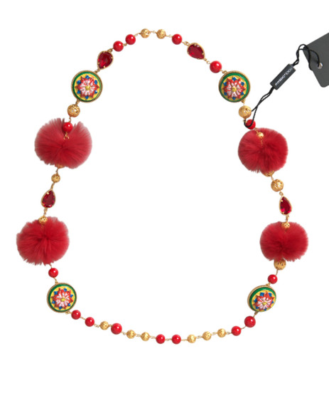 Dolce & Gabbana Gold Brass Red Fur Crystal Carretto Chain Necklace Dolce & Gabbana Gold Brass Red Fur Crystal Carretto Chain Necklace