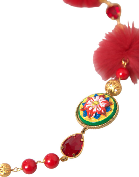 Dolce & Gabbana Gold Brass Red Fur Crystal Carretto Chain Necklace Dolce & Gabbana Gold Brass Red Fur Crystal Carretto Chain Necklace