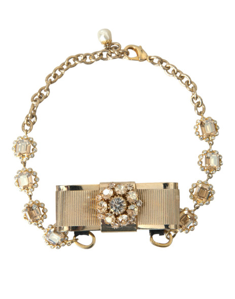 Gold Brass Clear Crystal Bow Chain Choker Necklace Gold Brass Clear Crystal Bow Chain Choker Necklace