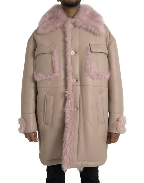 Dolce & Gabbana Beige Pink Lamb Leather Shearling Coat Jacket Dolce & Gabbana Beige Pink Lamb Leather Shearling Coat Jacket