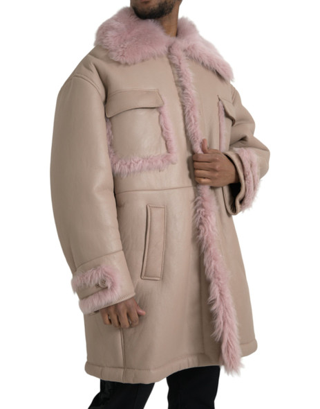 Beige Pink Lamb Leather Shearling Coat Jacket Beige Pink Lamb Leather Shearling Coat Jacket