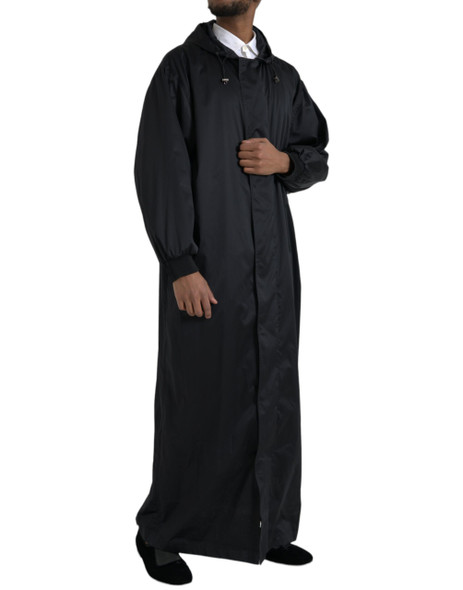 Black Polyester Hooded Long Windbreaker Jacket Black Polyester Hooded Long Windbreaker Jacket