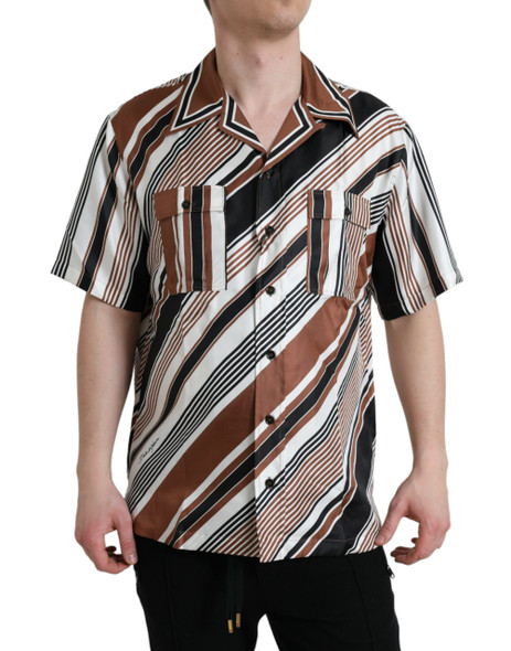 Brown White Silk Striped Short Sleeve Shirt Brown White Silk Striped Short Sleeve Shirt