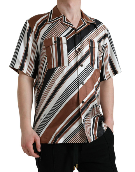 Brown White Silk Striped Short Sleeve Shirt Brown White Silk Striped Short Sleeve Shirt
