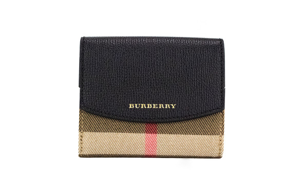 Burberry Luna Black Grained Leather House Check Canvas Coin Pouch Snap Wallet Burberry Luna Black Grained Leather House Check Canvas Coin Pouch Snap Wallet