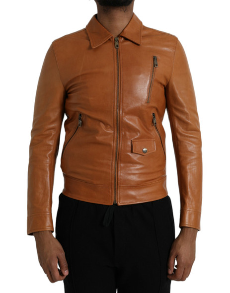 Dolce & Gabbana Brown Lamb Leather Full Zip Blouson Jacket Dolce & Gabbana Brown Lamb Leather Full Zip Blouson Jacket
