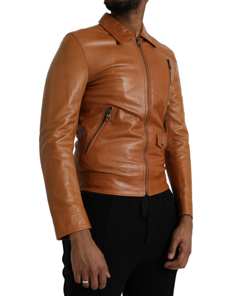 Dolce & Gabbana Brown Lamb Leather Full Zip Blouson Jacket Dolce & Gabbana Brown Lamb Leather Full Zip Blouson Jacket