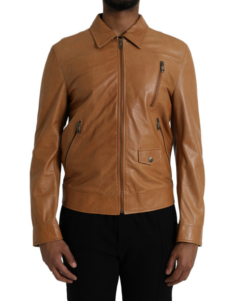 Dolce & Gabbana Brown Lamb Leather Full Zip Blouson Jacket JKT4048 Dolce & Gabbana Brown Lamb Leather Full Zip Blouson Jacket JKT4048
