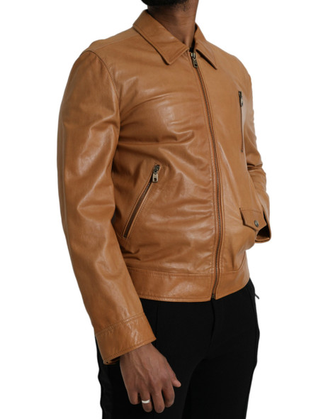 Dolce & Gabbana Brown Lamb Leather Full Zip Blouson Jacket JKT4048 Dolce & Gabbana Brown Lamb Leather Full Zip Blouson Jacket JKT4048