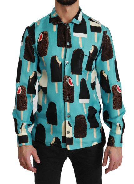 Blue Silk Ice Cream Print Casual Shirt Blue Silk Ice Cream Print Casual Shirt
