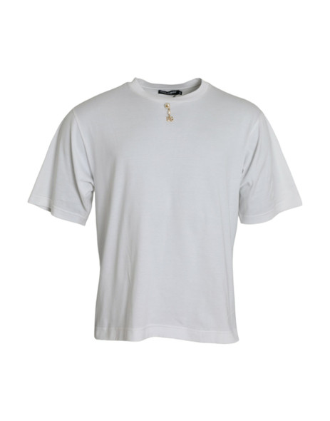 White Embellished Cotton Crew Neck T-shirt White Embellished Cotton Crew Neck T-shirt