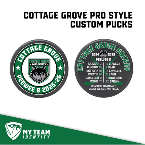 Cottage Grove Hockey Pro-Style Pucks - Logo + Roster — custom UV-printed by My Team Identity