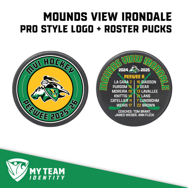 Mounds View Irondale Pro-Style Pucks - Logo + Roster — custom UV-printed by My Team Identity
