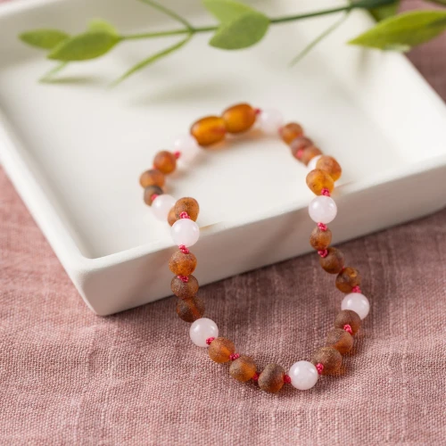RB Rose Quartz + Cognac Amber Collar (ht) 13-14"
