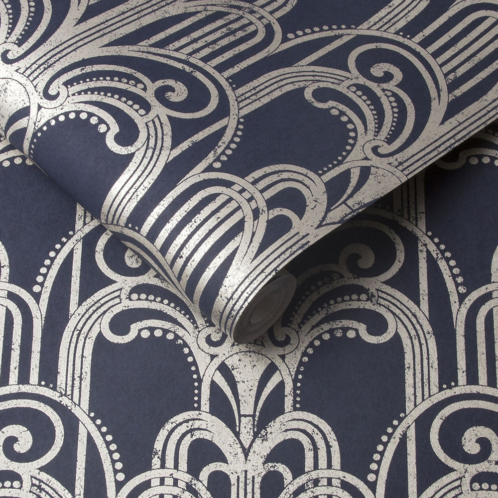 Midnight Blue and Silver Art Deco 1920's Wallpaper Graham and Brown