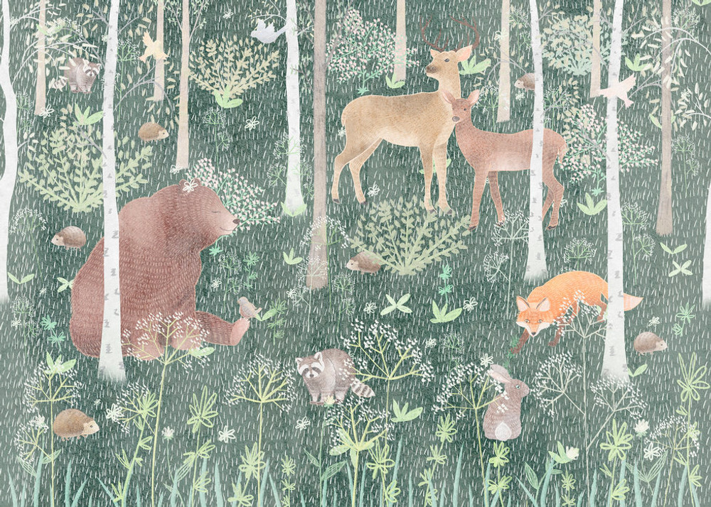 Hand Drawn Texture Bear Deer Forest Scene Wallpaper Wall Mural ...