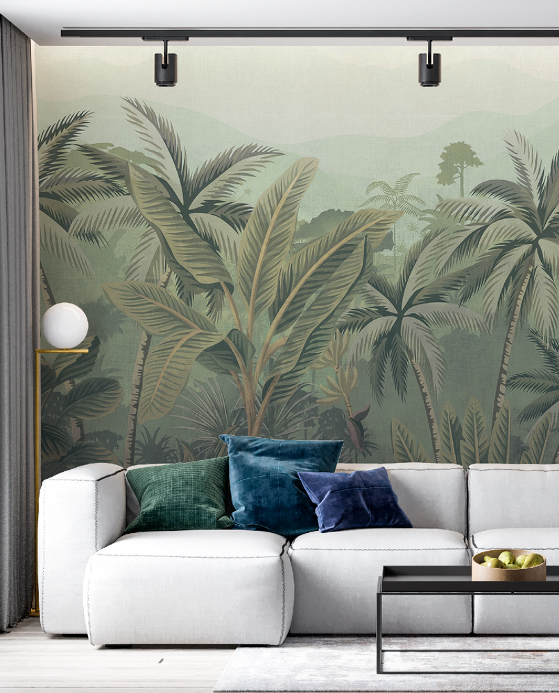 Tropical Leaves Wallpaper Wall Mural in Faded Green | Non Woven | Vinyl ...