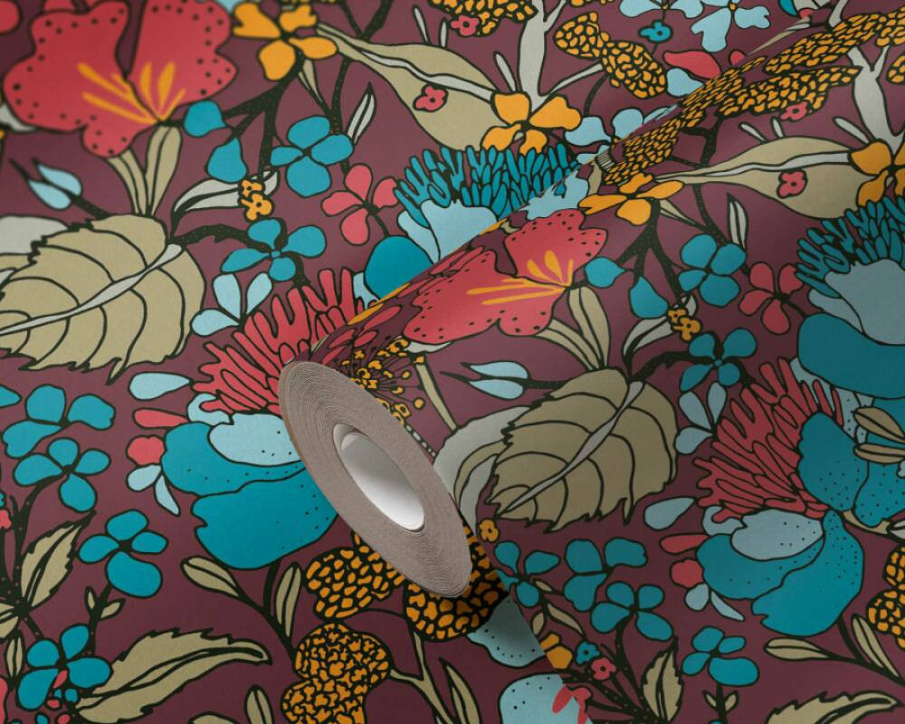 Brightly Coloured Botanical Flowers Wallpaper in Bright Blue and Maroon