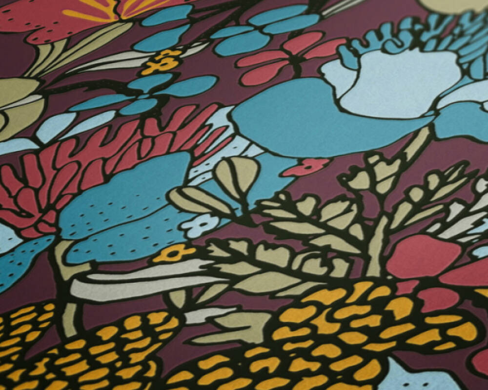 Brightly Coloured Botanical Flowers Wallpaper in Bright Blue and Maroon