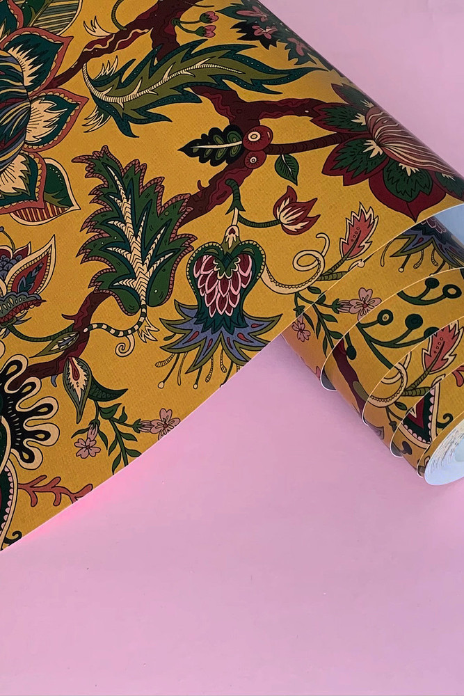 Bold Floral Paisley Style Mustard Yellow Non Woven Wallpaper Wear The