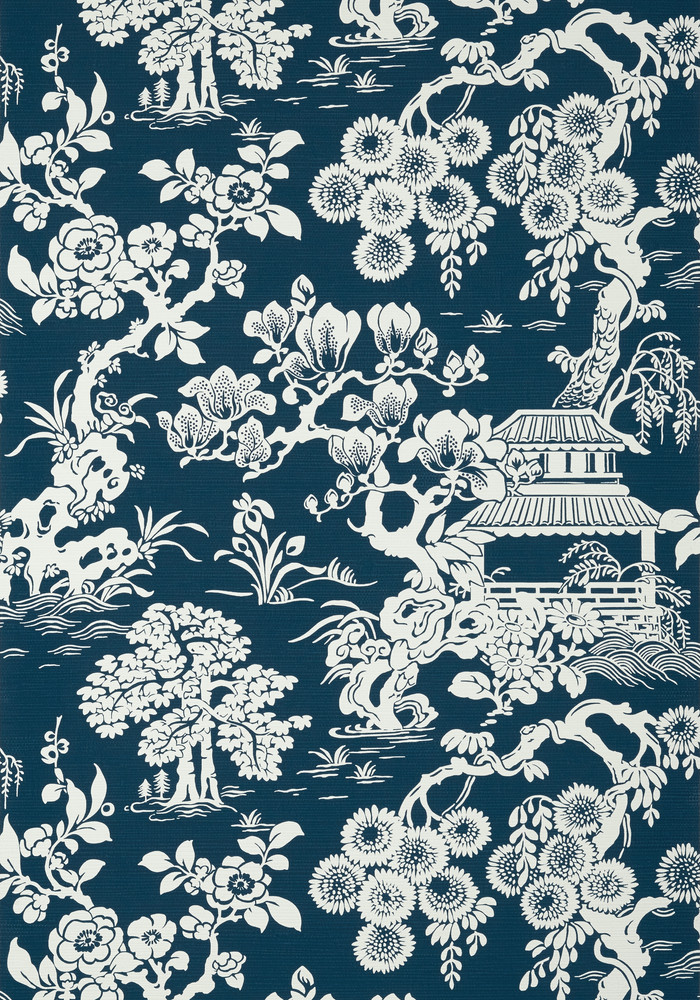 Chinoiserie Oriental Navy Blue Vinyl Wallpaper | Thibaut Japanese Garden