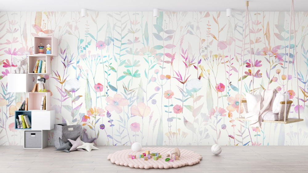 Colourful Rainbow Watercolour Flowers Whimsical Wallpaper Mural