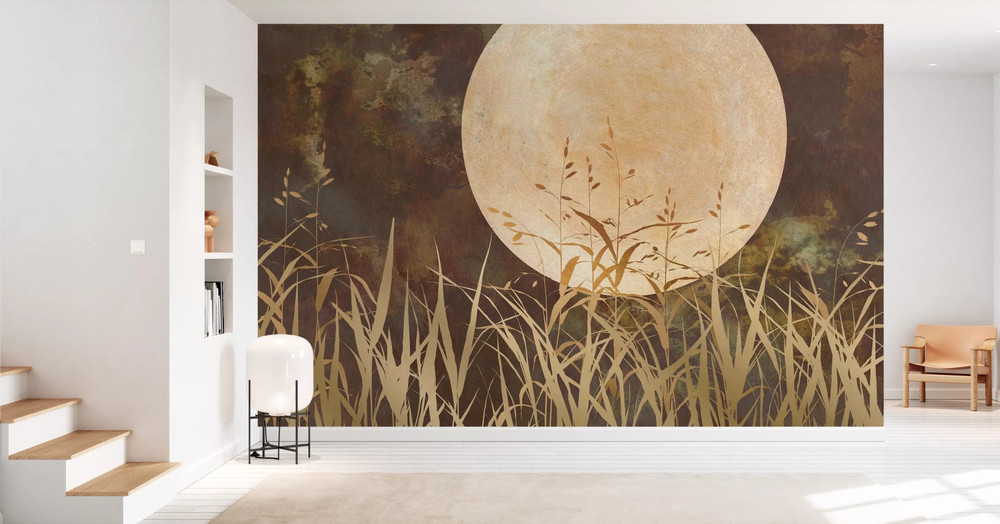 Large Scale Moon Grass Leaves Brown Wallpaper Wall Mural