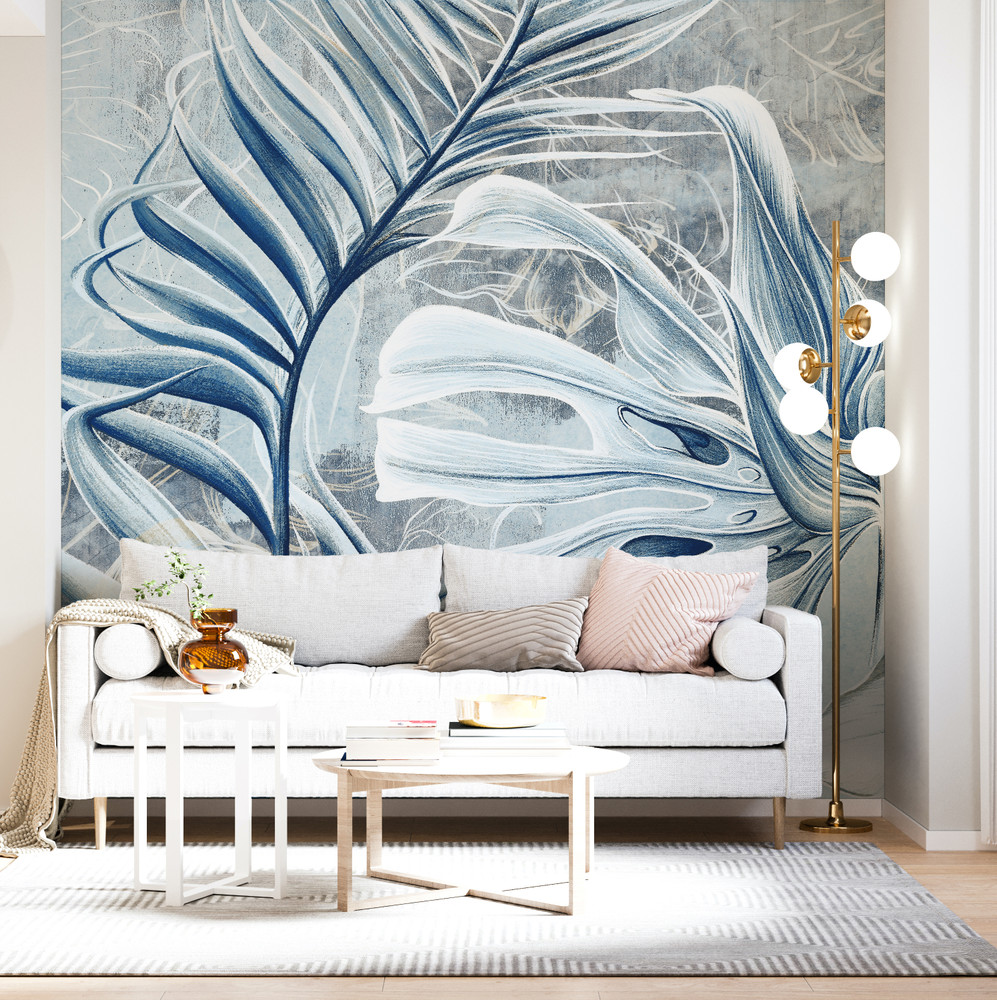 Large Scale Monstera Tropical Leaves Blue Grey Wallpaper Mural