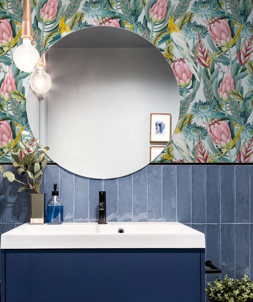 Tropical Protea Flowers Exotic Parrots Green Pink Vinyl Wallpaper