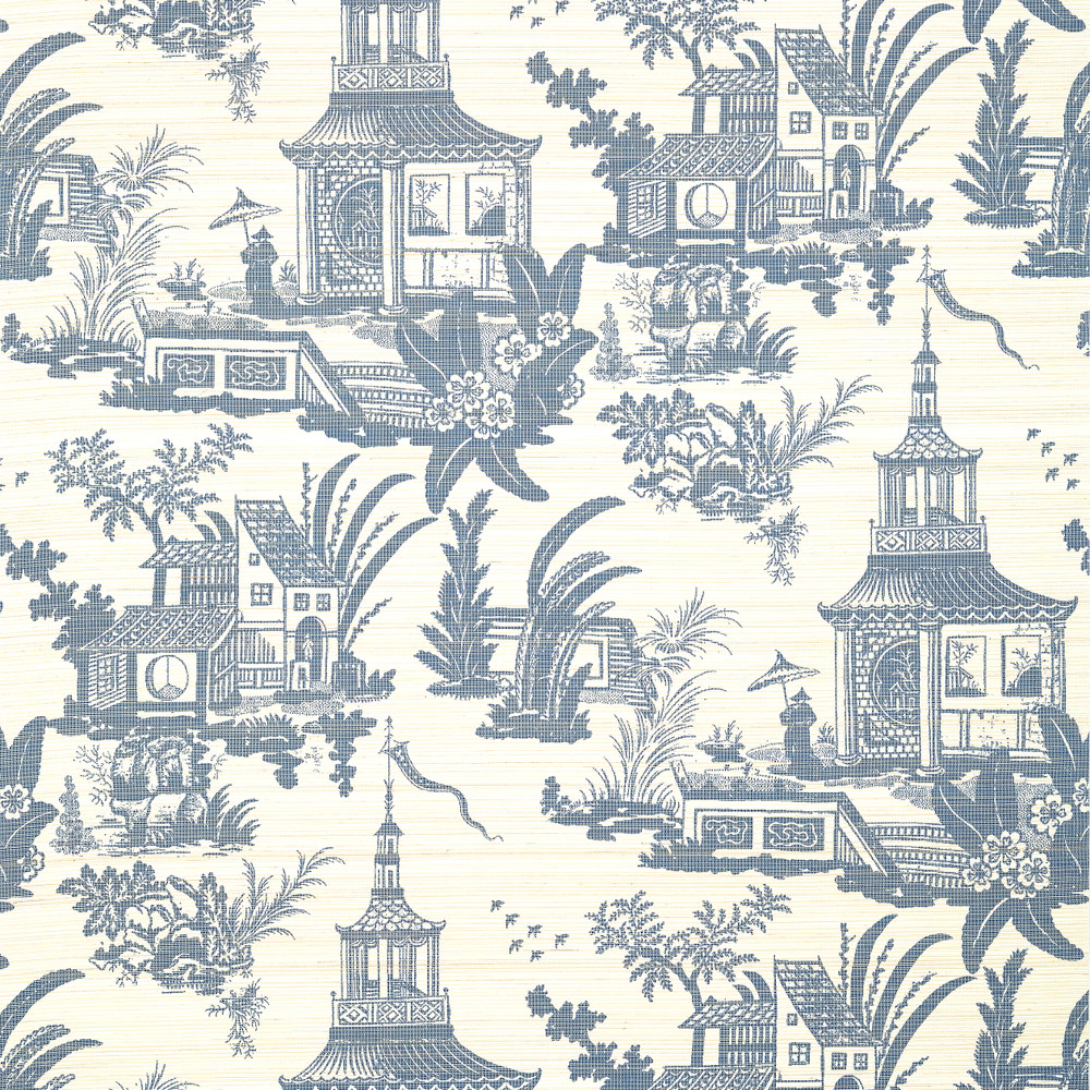 Chinoiserie Village Scenery Navy Blue Grasscloth Wallpaper Thibaut
