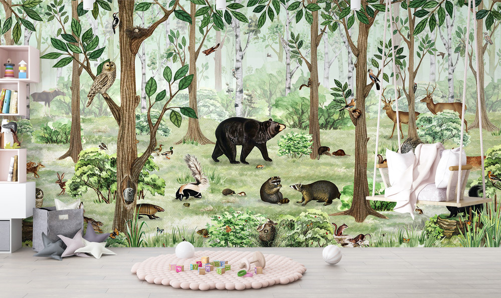 Forest Animals and Trees Watercolour Wallpaper Mural | Bears, Deer and Owls