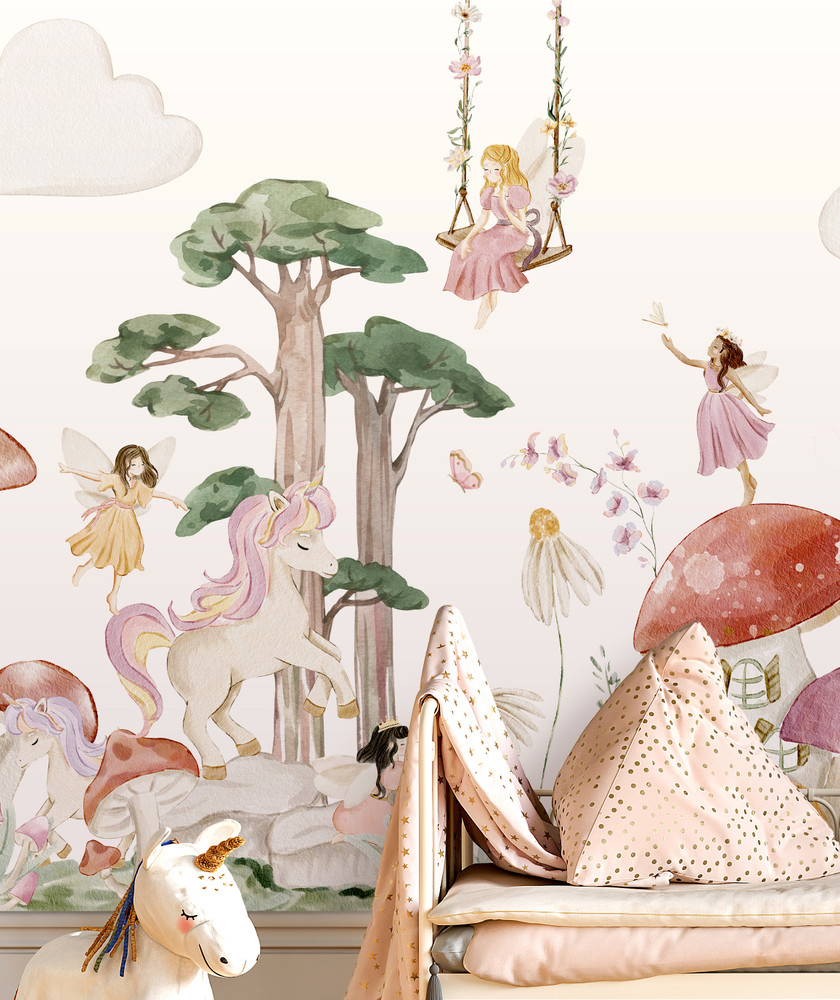 Enchanted Fairy Garden Wallpaper Mural with Unicorns