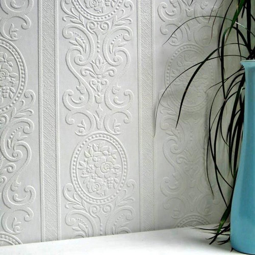 Embossed Striped Framed Damask Wallpaper Anaglypta Louisa Paintable