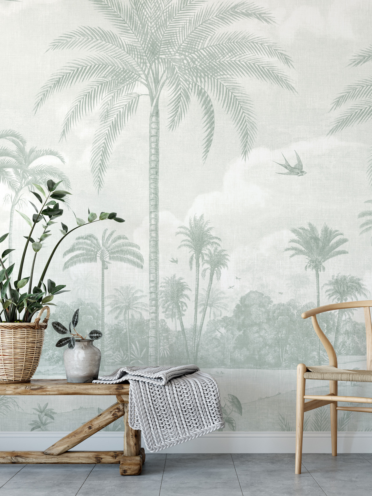 ungle Palm Tree Tropical Sage Green Wallpaper Mural | Nancy Newton Studio