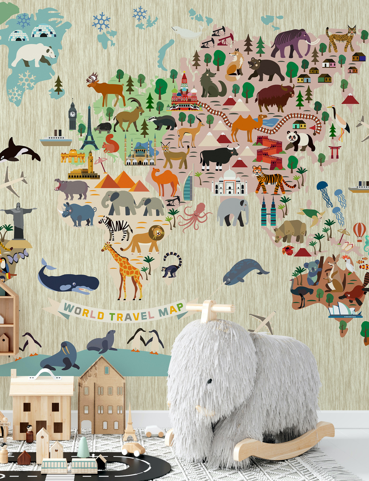 Animal World Map Linear Wallpaper Mural - Beige