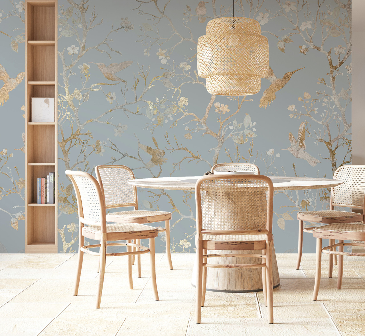 Sky Blue and Gold Luxurious Chinoiserie Tree Bird Wallpaper Mural