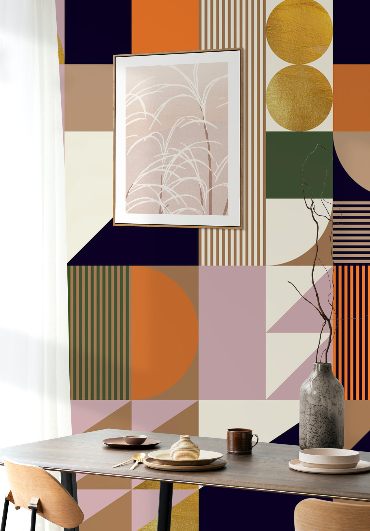 Bauhaus Geometric Abstract Wallpaper Mural in Orange Navy Lilac Gold