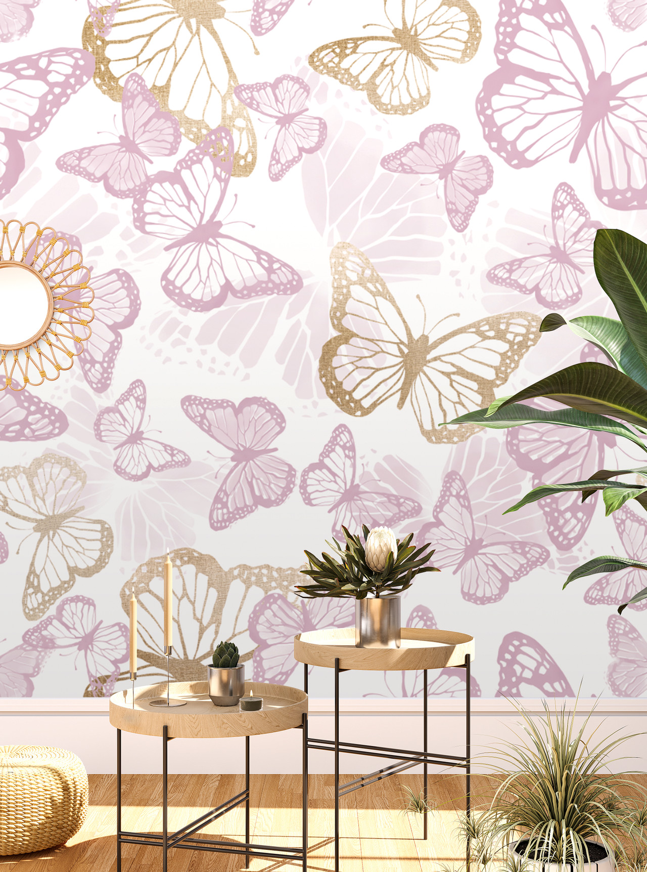 Lilac and Golden Butterflies Wallpaper Mural