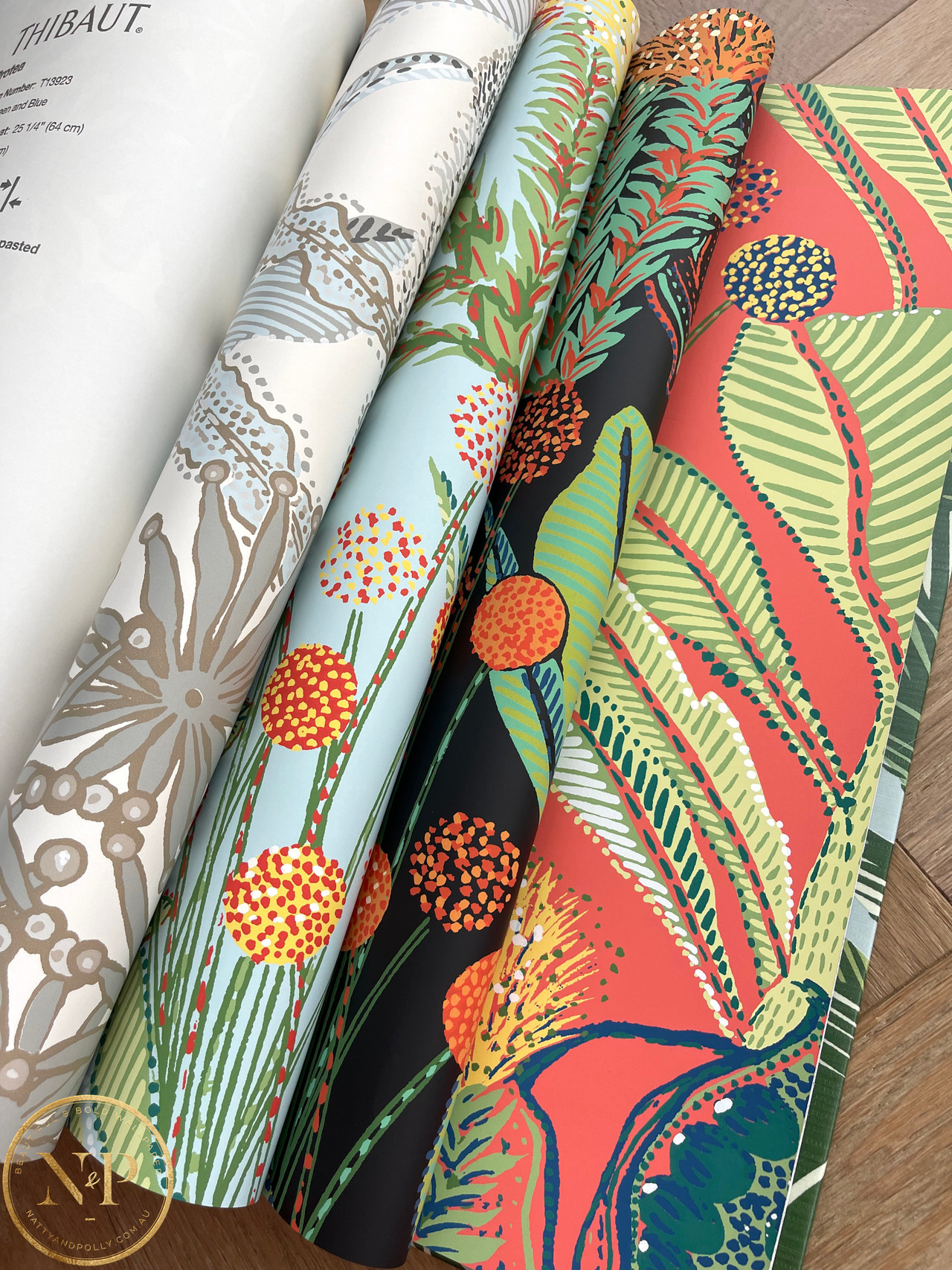 Botanical Australiana Florals Neutral Spa Blue Wallpaper Thibaut Protea — free download