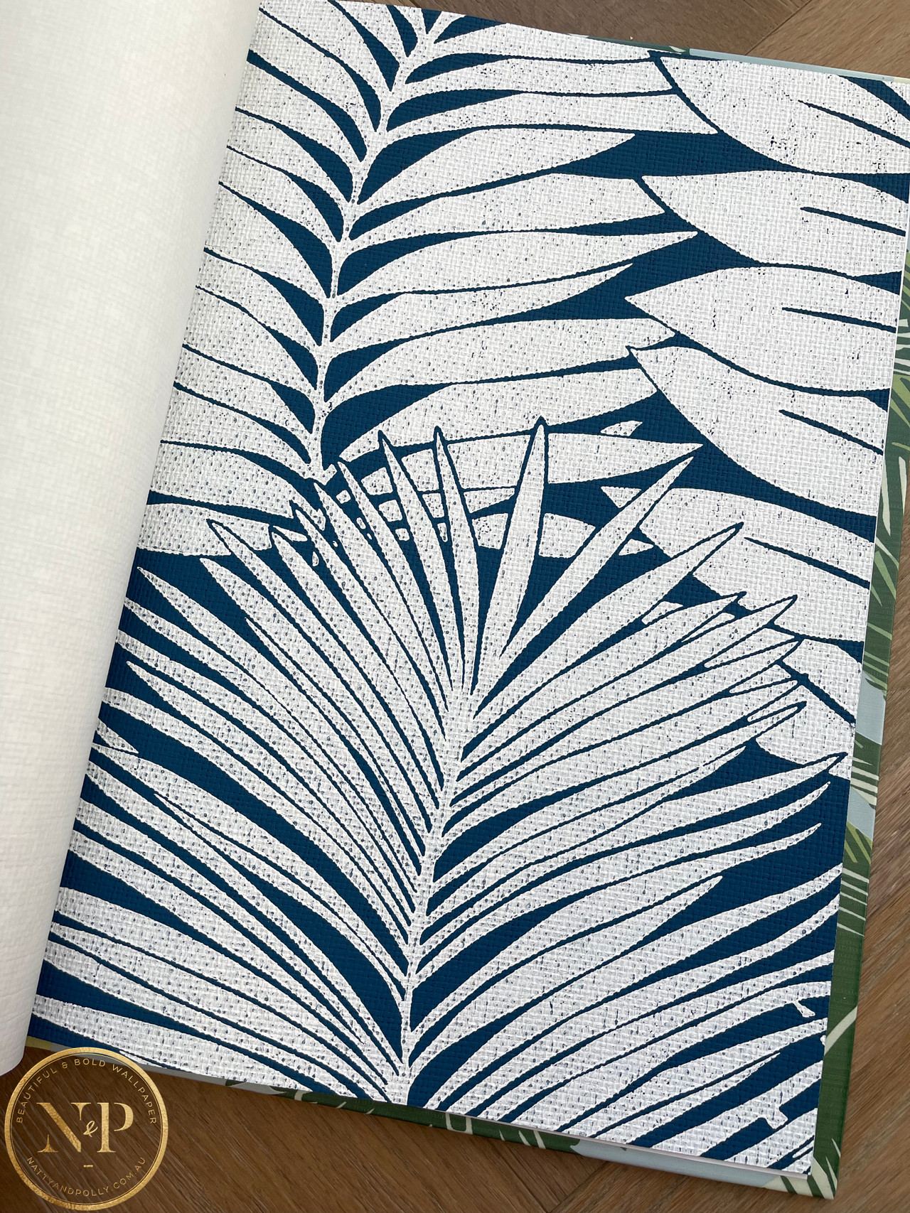 Large Scale Leaves Navy Blue Paper Weave Wallpaper | Thibaut Siesta Key